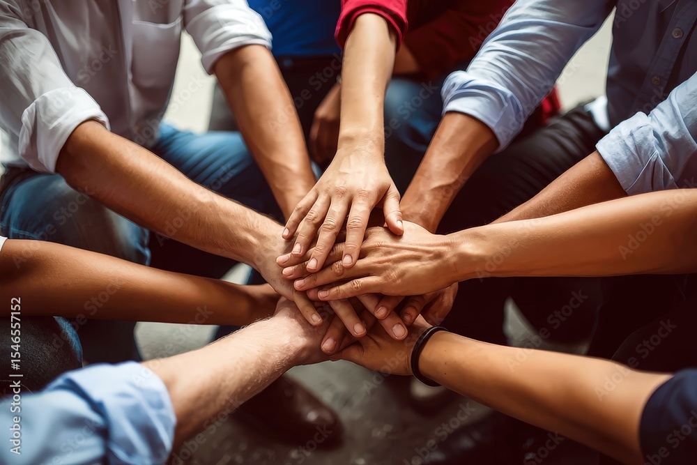 Diverse group of people joining hands together in a show of unity and teamwork Diverse group of people joining hands together in a show of unity and teamwork