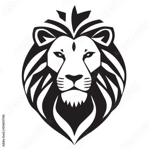
A bold black vector illustration of a lion's head with a stylized mane and stern expression, symbolizing strength, courage, or royalty.
