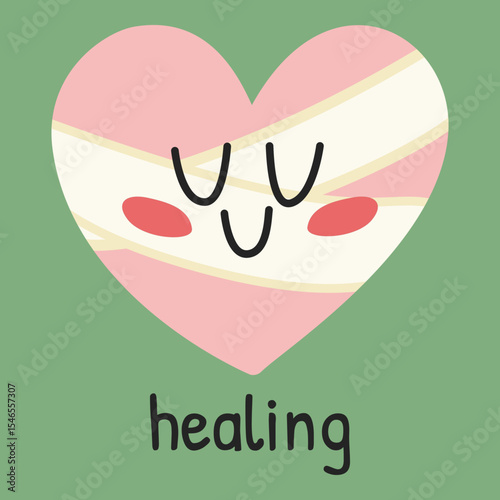 Smiling heart with bandage on green, symbol of emotional healing