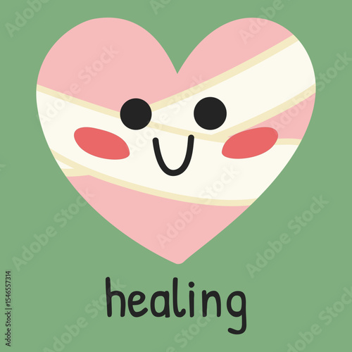 Smiling heart with bandage on green, symbol of emotional healing