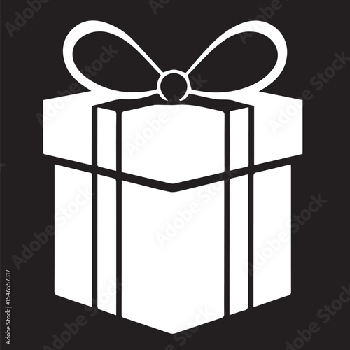 A simple white vector icon of a wrapped gift box with a bow on top, set against a black background, representing presents, celebration, or surprise.