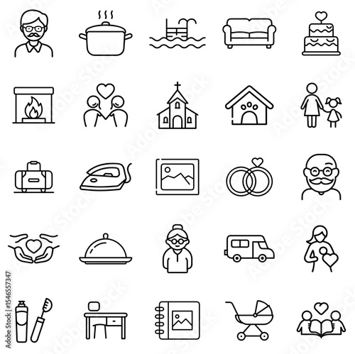 Family Life Outline Line Icon Set