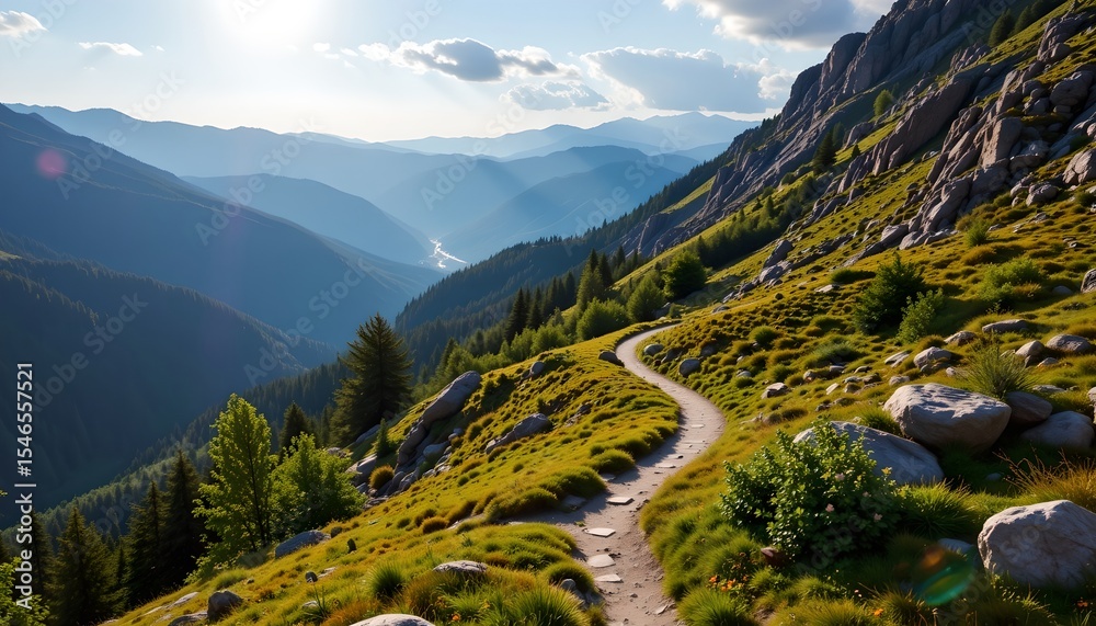 Obraz premium Scenic hiking trail through majestic mountains national park photograph serene landscape wide angle nature exploration