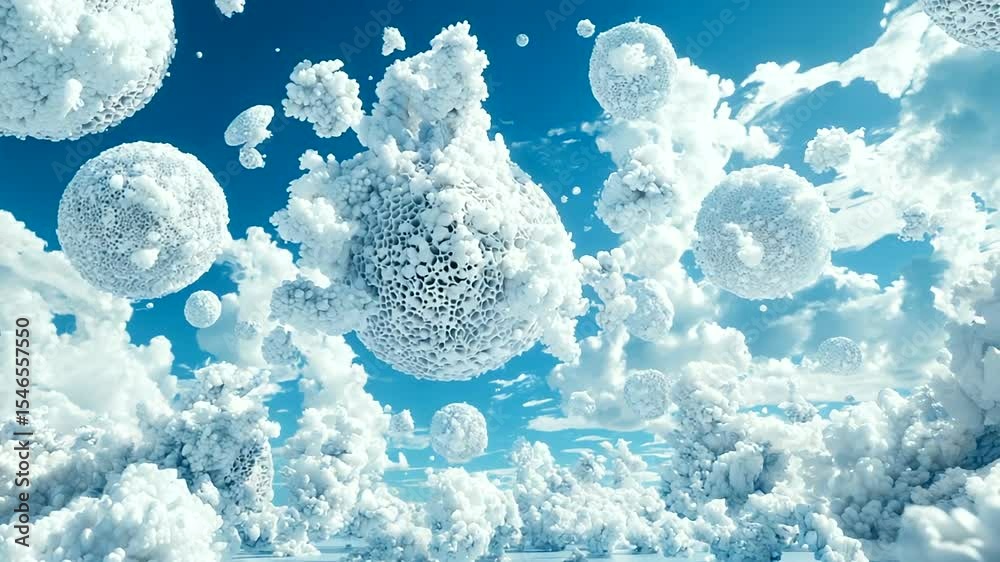 Floating spherical forms in a cloudy sky.