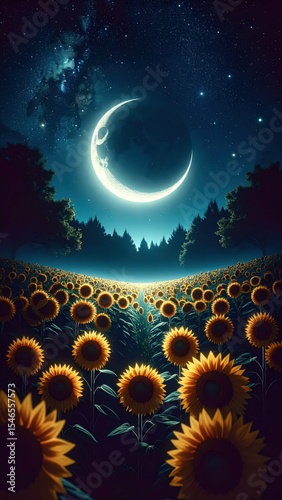 Sunflowers at Midnight Under a Crescent Moon and Starry Sky
