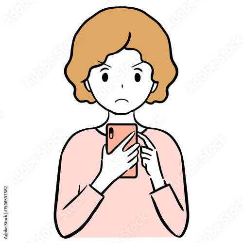 Clip art of young woman angry at smartphone.	