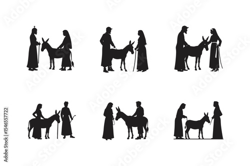 maria und josef mit esel weihnachtsgeschichte silhouette vector