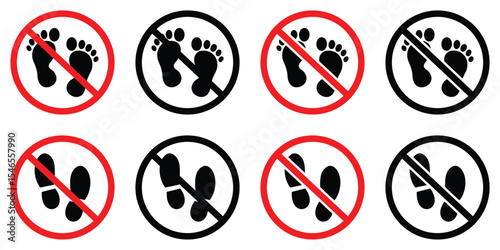 No Barefoot Entry Sign – Prohibited Footprint and Footwear Icon in Red Circle Vector