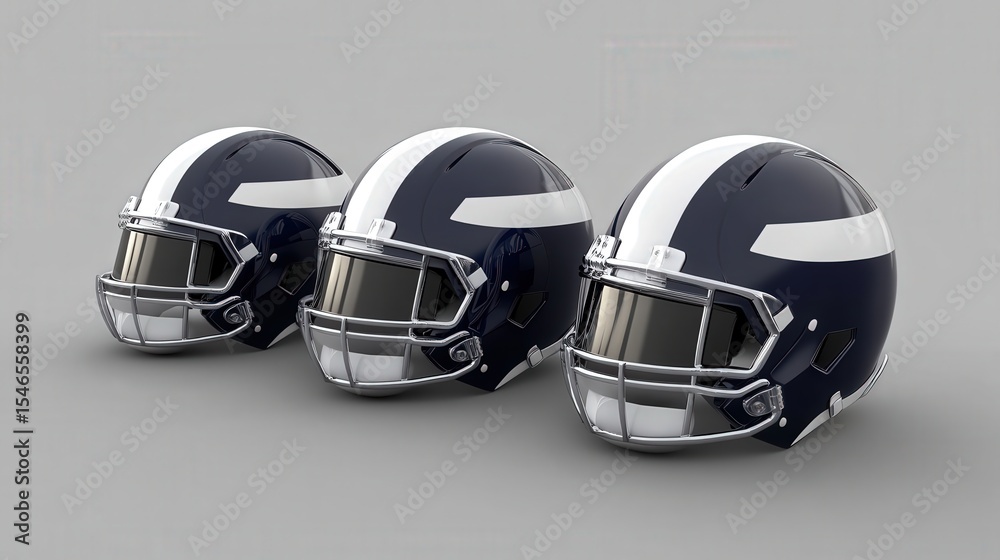Fototapeta premium Three Modern American Football Helmets in Navy Blue Color Scheme