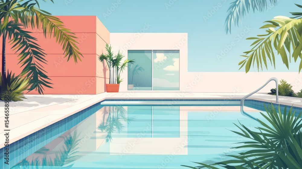 Fototapeta premium Modern house with pool and palm trees.