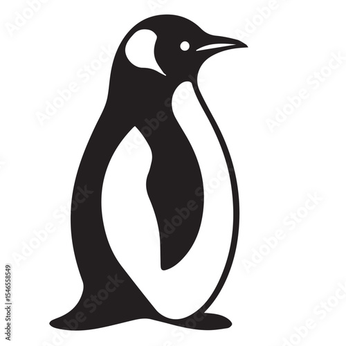 
A simple black and white vector silhouette of an upright penguin, capturing its distinctive shape and waddle, representing arctic wildlife.