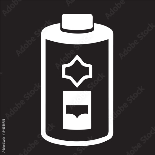 A white vector illustration of a battery with a charge indicator, set against a black background.