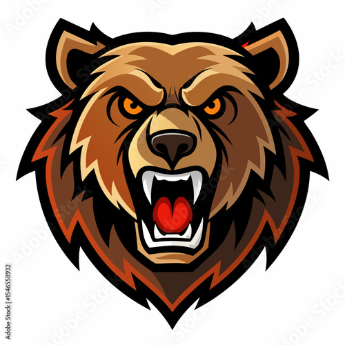 Cartoon grizzly bear head growls isolated on white background