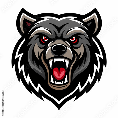 Cartoon grizzly bear head with red eyes growls isolated on white