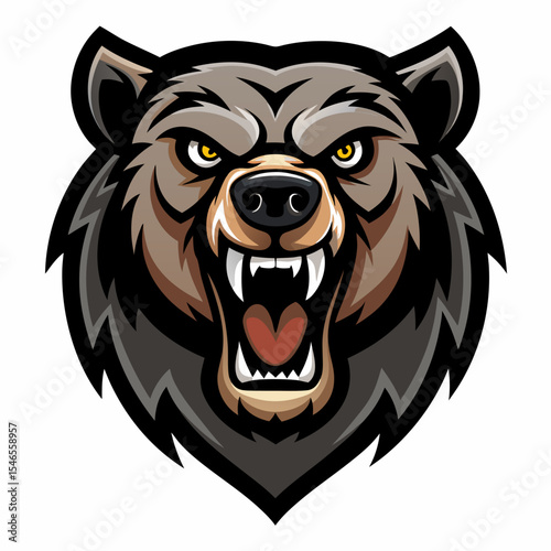 Cartoon grizzly bear head with yellow eyes growls isolated on white