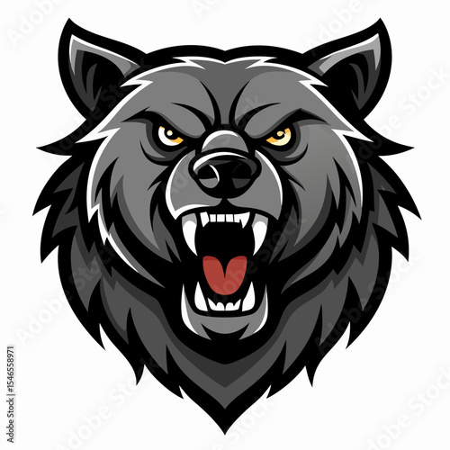 Cartoon grizzly bear head with yellow eyes growls isolated on white
