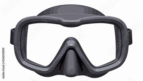 Black diving mask with clear lenses on white background  