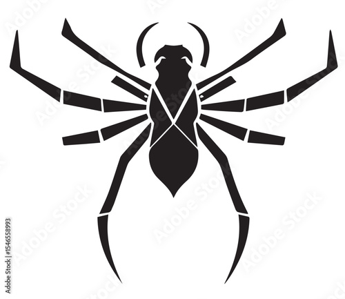 A striking black vector silhouette of a spider with prominent legs and body, ideal for themes of Halloween, fear, or nature.