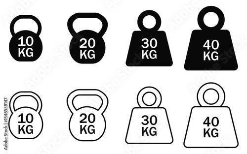 Gym Fitness Equipment Icon Set – Dumbbell, Barbell, Kettlebell Vector Collection for Training and Workout