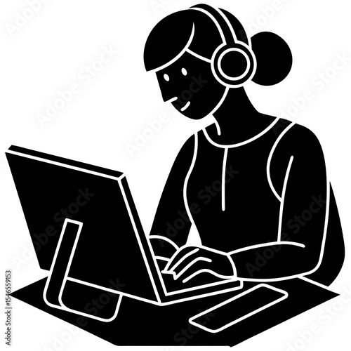 Vector illustration of a person working remotely with headphones on.