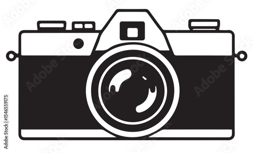 A black and white vector illustration of a vintage camera with a large lens, representing photography.