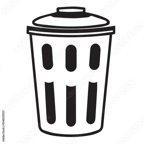 A black outline vector illustration of a lidded trash can with vertical oval openings, commonly used for waste disposal.