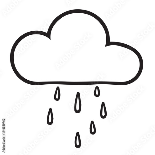 A black outline vector drawing of a white cloud with several raindrops falling from it.