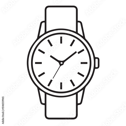 A clear black outline vector drawing of a wrist watch with a circular face, hour, minute, and second hands, plus a simple strap.