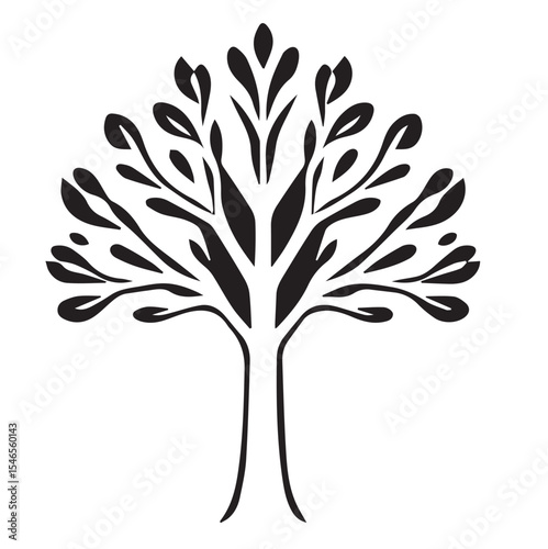 A stylized black vector tree with distinct leaves and branches, embodying nature, growth, and environmental themes.