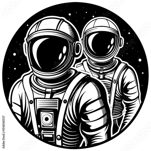 Two astronauts in space suits black and white illustration