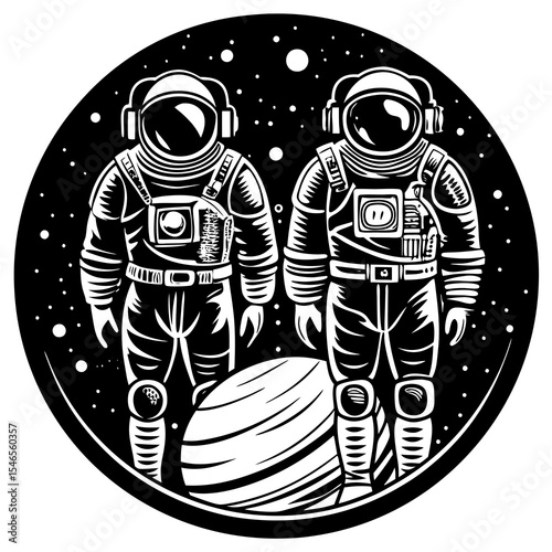 Two astronauts in space suits with planet black and white illustration