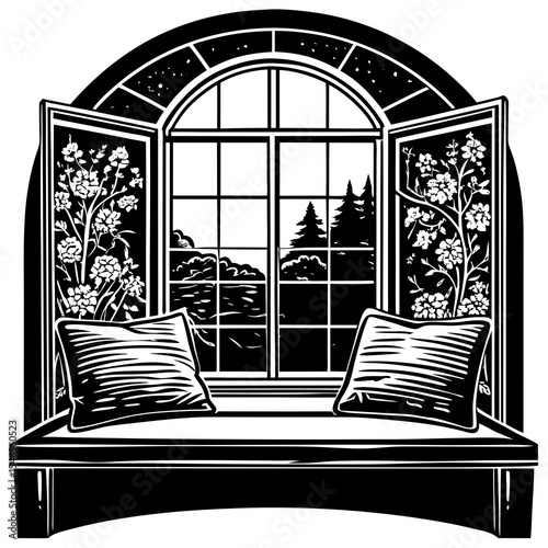 Window seat with pillows isolated on white background