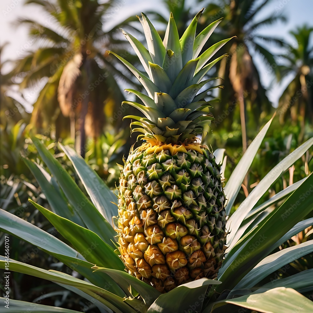 Ultra high resolution 8K image of a single perfectly ripe, golden yellow pineapple with vibrant green crown leaves, positioned prominently in the foreground. The background showcases a lush tropical p Ultra high resolution 8K image of a single perfectly ripe, golden yellow pineapple with vibrant green crown leaves, positioned prominently in the foreground. The background showcases a lush tropical p
