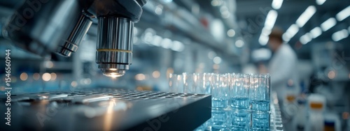 Medical researcher using microscope in laboratory, close-up test tubes and scientific instruments, clean workspace
