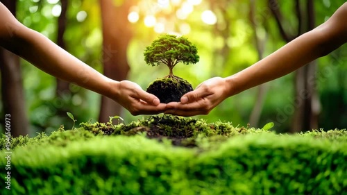 Hands cradling a young sapling with roots in a lush forest, symbolizing environmental protection and nature conservation
