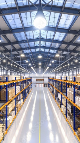 Modern Warehouse Interior with Glass Ceiling and Industrial Lighting
