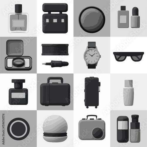 Stylized 3d vector flat lay of twenty monochromatic objects with colorful accents