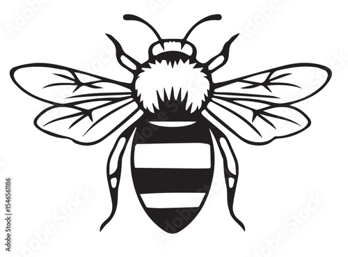 A detailed black outline vector drawing of a bee with striped body, wings, and antennae, set against a white background, symbolizing nature or hard work.