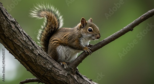 Squirrel Resting on a Branch in Forest with Green Background