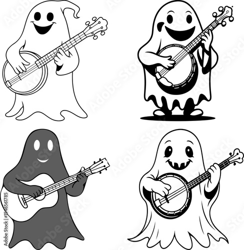 Cute ghost characters playing guitars in musical scenes set on white background