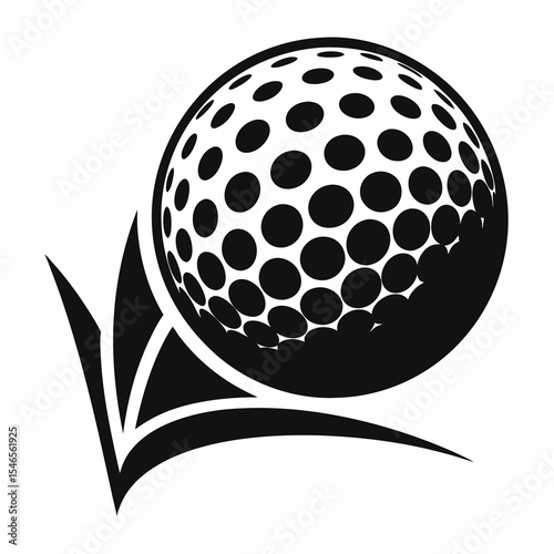 Black and white golf ball with dimples and leaves isolated on white