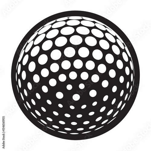 Black and white golf ball with dimples inside a circle isolated on white