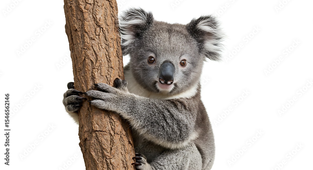 Fototapeta premium Cute Koala Bear Climbing Tree on Isolated White Background