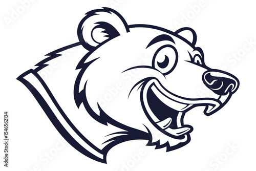 Happy bear head shows a cheerful cartoon face in black and white outline