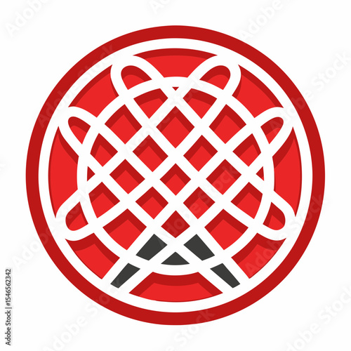 Stylized lacrosse net design in red and white isolated on white background