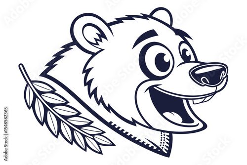Amusing bear head outline holds laurel branch, creating an emblem in monochrome format