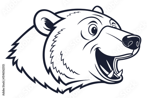 Outlined monochrome bear head displays an open mouth with teeth and intense eyes
