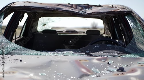 Closeup view of a damaged car windshield with shattered glass fragments
