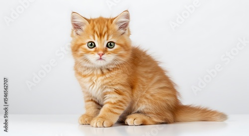 Adorable Ginger Kitten Sitting on White Background