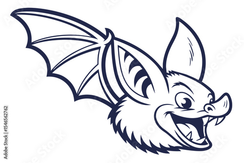 Cartoon bat with wings spread widely smiles, showcasing cute fangs and pointy ears